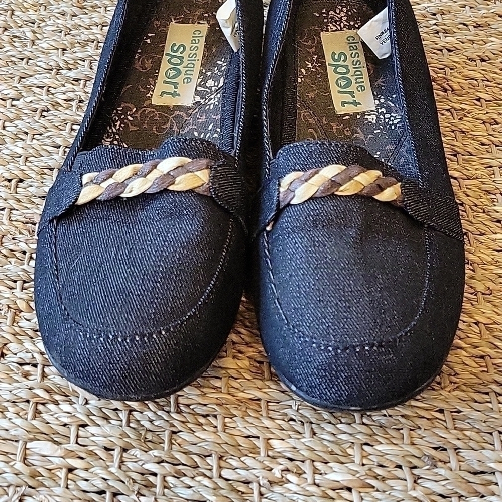 CLASSIQUE SPORT denim loafter shoes with brown and tan accent. size is 7 M. - Picture 3 of 7
